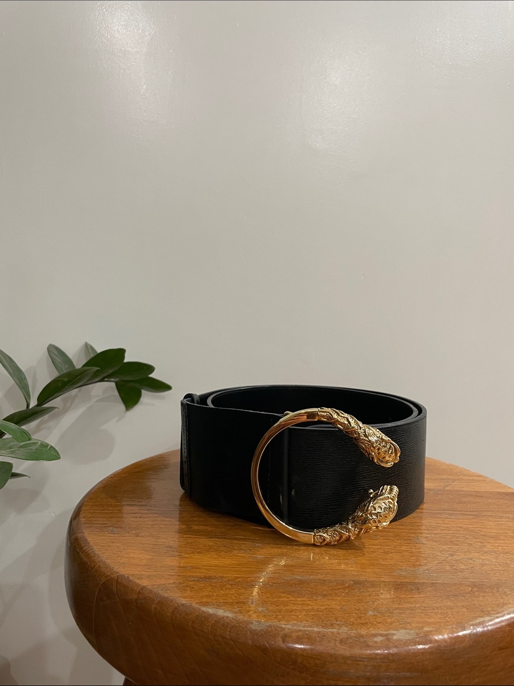 Authentic Gucci Wide Black Leather Tiger Head Waist Belt Size 80/32
